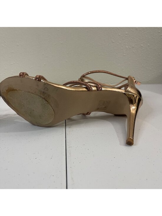 ALDO Strappy Metallic Gold Heeled Sandals With Rhinestone Accents Peep Toe - Picture 9 of 11